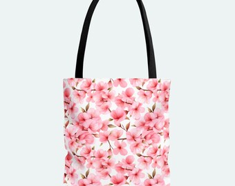 Tote Bag (AOP) Pink Cherry Blossoms, Elegant Shoulder Tote, Work Bag, Carryall, Reuseable Tote Bag, Beach Tote, Shopping Tote, Travel Tote