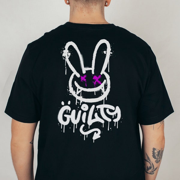 Black Graffiti Guilty Rabbit Graphic Tee | Mens Fashion Retro, 90s Streetwear, Cool Graffiti, Spraypaint, Trendy, Alternative, Rock T Shirt