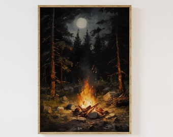 Wilderness campfire DIGITAL INSTANT download art print | Printable Cool Wall Art, Fire, Explore, Woodland, Adventure, Camping, Hiking, Moody