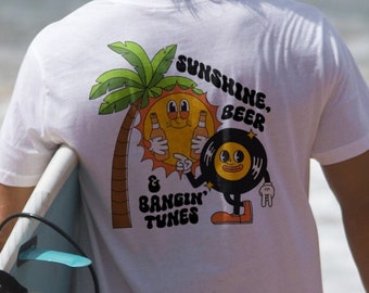 Retro Character Sunshine Beer & Bangin Tunes Graphic Tee | Cool Retro Mascot Cartoon, 80s 90s Style Unisex Tee, Funky Retro 80s, Fun Trendy