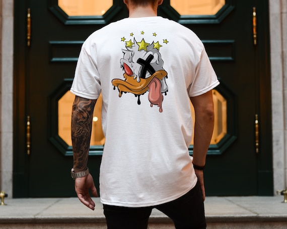 Graffiti Duck Back Graphic T Shirt | 90s Style Beaten Up Duck, Urban White Unisex Streetwear Tee, Graffiti Cool Retro Funny Cartoon Duck,