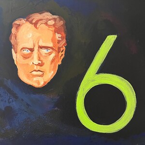 May include: An original painting on canvas featuring a portrait of a man with a large green number 6. The painting has a dark blue background with a seascape at the bottom. A white sphere and a yellow square are also in the painting.