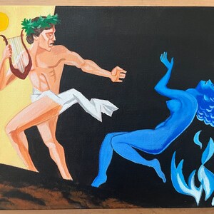 Puede incluir: Una pintura que representa una escena de la mitolog&iacute;a griega. Un hombre con una corona de laurel en la cabeza toca una lira, mientras una mujer de piel azul y cabello suelto cae en llamas.
