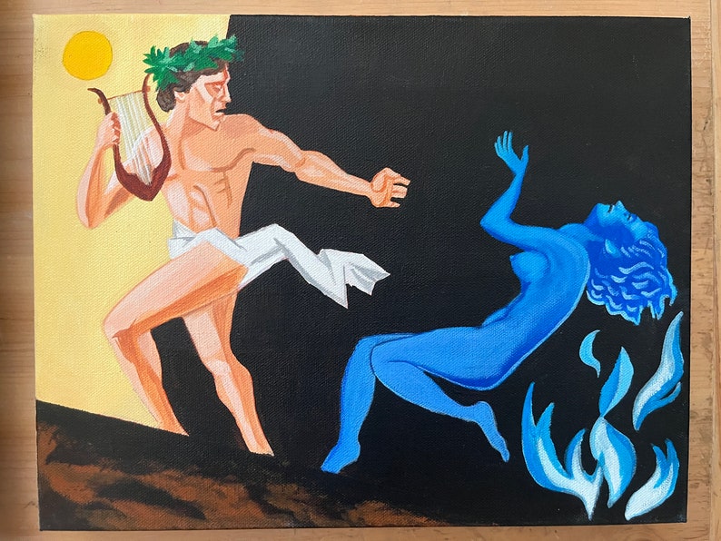 Puede incluir: Una pintura que representa una escena de la mitolog&iacute;a griega. Un hombre con una corona de laurel en la cabeza toca una lira, mientras una mujer de piel azul y cabello suelto cae en llamas.