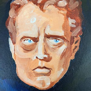 May include: An oil painting of a man's face with a serious expression. The portrait features a light skin tone, blue eyes, and reddish-brown hair. The background is a dark blue.