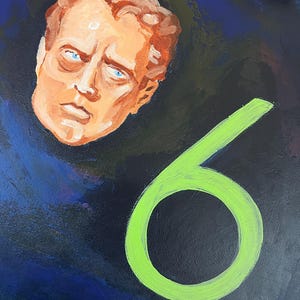 May include: An oil painting featuring a portrait of a man with light skin, blue eyes, and reddish-brown hair. The number "6" is painted in bright green in the lower right corner. The background is dark blue and black.