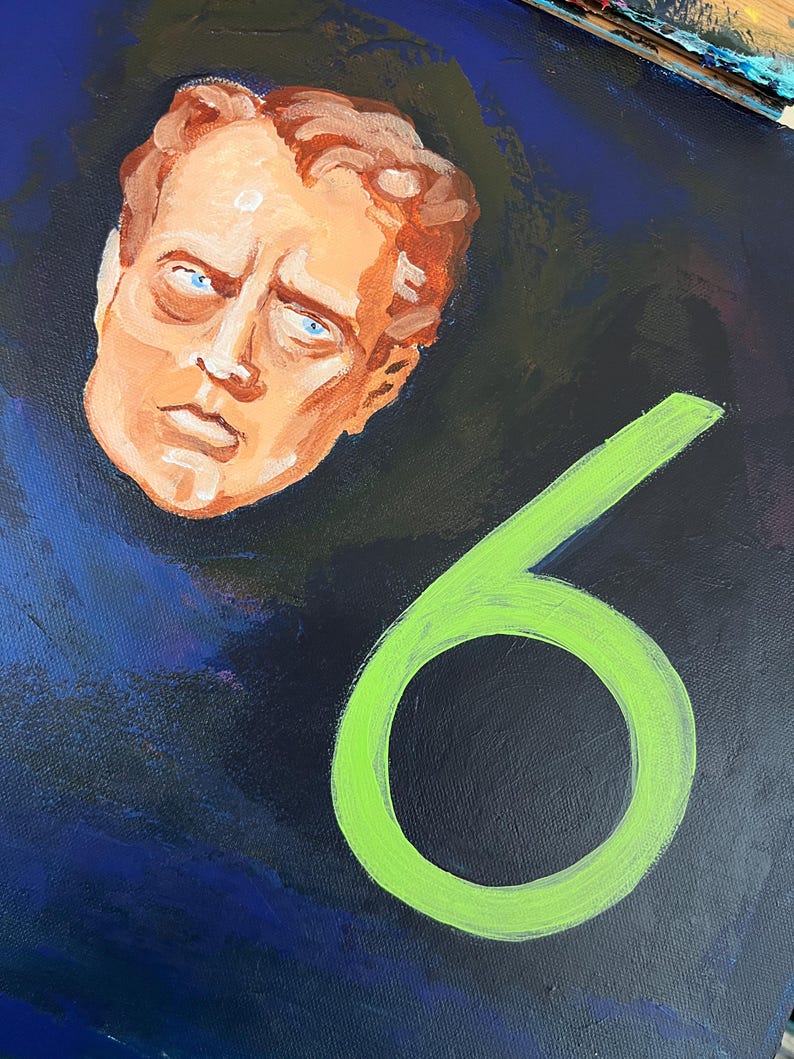 May include: An oil painting featuring a portrait of a man with light skin, blue eyes, and reddish-brown hair. The number "6" is painted in bright green in the lower right corner. The background is dark blue and black.