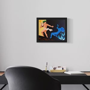 Puede incluir: Una pintura enmarcada que representa a un hombre con una t&uacute;nica blanca tocando una lira, con una mujer en llamas azules cayendo al suelo. El fondo es negro con un sol amarillo.