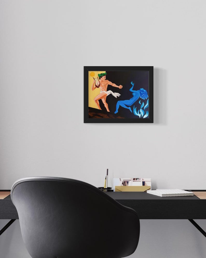 Puede incluir: Una pintura enmarcada que representa a un hombre con una t&uacute;nica blanca tocando una lira, con una mujer en llamas azules cayendo al suelo. El fondo es negro con un sol amarillo.