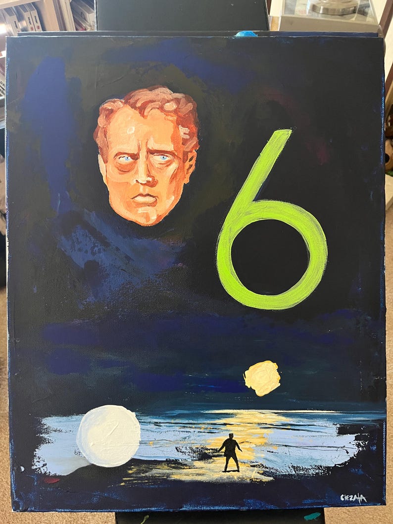 May include: An original painting on canvas featuring a portrait of a man with a large green number 6. The painting has a dark blue background with a seascape at the bottom. A white sphere and a yellow square are also in the painting.