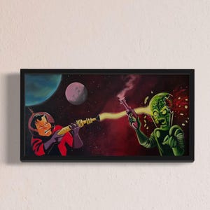 May include: A framed painting depicting a space battle between a green alien with a ray gun and a human wearing a red and black spacesuit. The alien is firing a beam of light from its weapon, while the human is firing a similar beam from their weapon. The background is a dark space scene with stars and a planet.