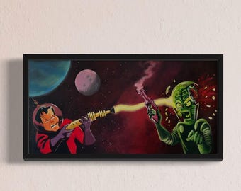 Orson Welles vs. ¡Marte ataca! Pintura acrílica original de 30 x 60 cm (incluye bocetos conceptuales originales)