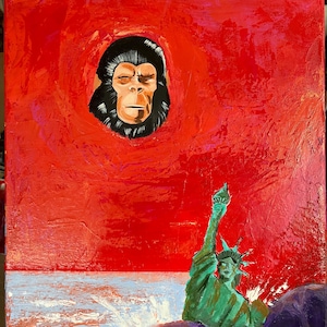 May include: An abstract painting featuring a red background with a black and white ape face in the upper center. The Statue of Liberty is depicted in green, emerging from the water in the lower right.