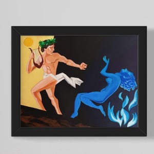 Puede incluir: Una pintura que representa una escena de la mitolog&iacute;a griega. Un hombre con una corona de laurel en la cabeza toca una lira, mientras una mujer con piel y cabello azules est&aacute; envuelta en llamas.