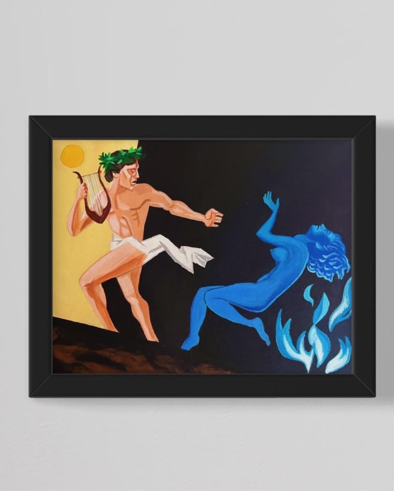 Puede incluir: Una pintura que representa una escena de la mitolog&iacute;a griega. Un hombre con una corona de laurel en la cabeza toca una lira, mientras una mujer con piel y cabello azules est&aacute; envuelta en llamas.