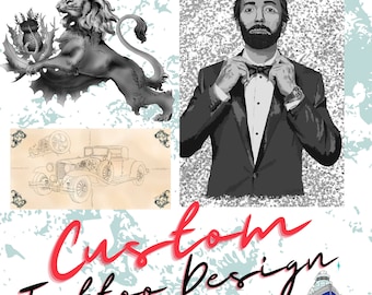 May include: A collage of images featuring a lion, a man in a tuxedo, a vintage car drawing, and the text "Custom Tattoo Design" in red and black. The bottom right corner of the image includes the text "Tugboat Customs".