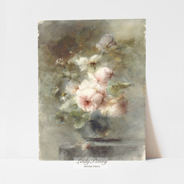 Neutral Vintage Pink Flower PRINTABLE, Simple Romantic Rose Oil Painting, Victorian Cottage Wall Art Decor,  Roses Still Life Painting #3