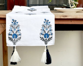 Floral cotton table runner, Handmade, Natural block print, Indigo, blue, Grey, white, table decor, Custom Sizes, Gift