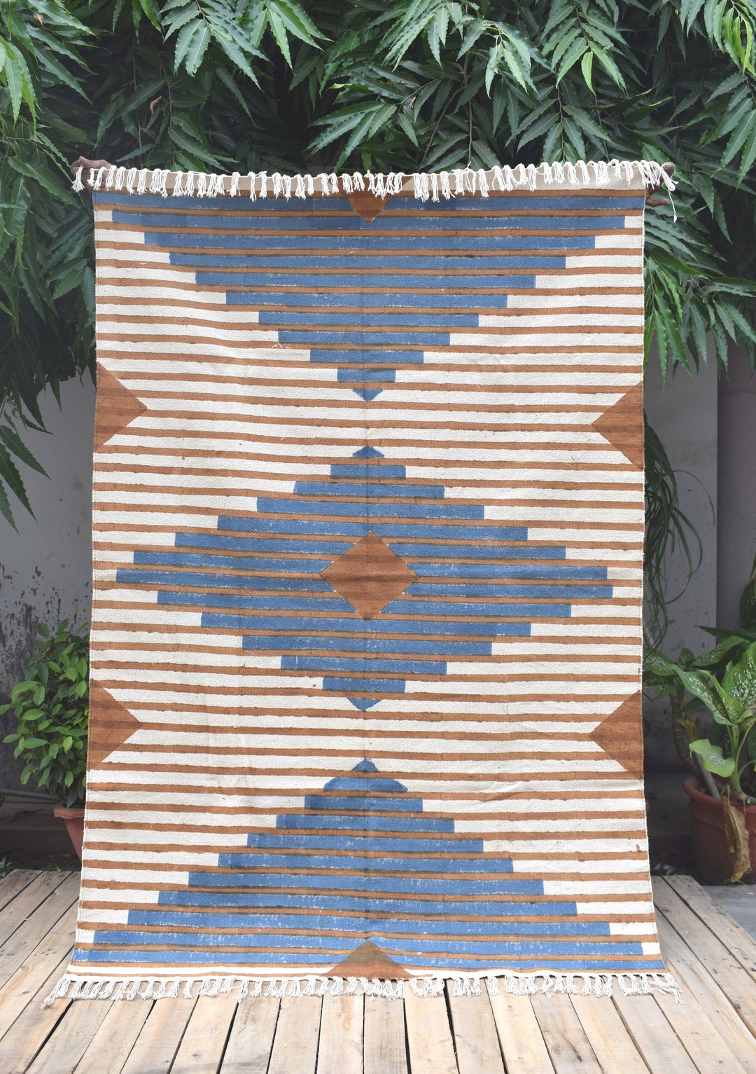 Aztec Rugs Turquoise Aztec Block Printed Cotton Rug, Authentic, Turquoise Grey, Brown, Denim ...