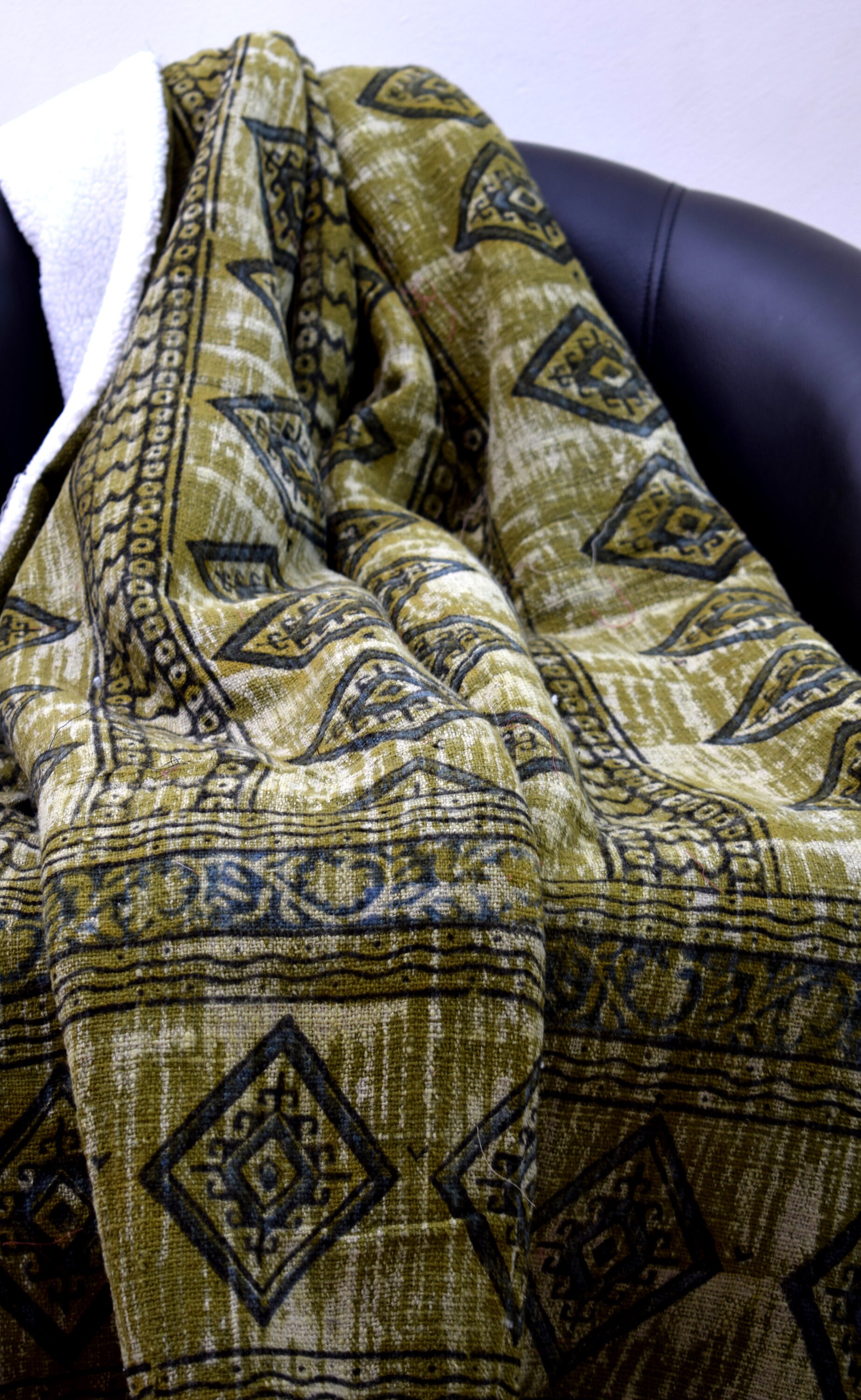 Kilim Olive Green Throw Blanket, Cool and Warm, Fur Back, Faded Look
