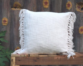 Taie d'oreiller à franges en coton blanc, housse de coussin décorative, coussin décoratif, fait main, 100 % coton, coussin décoratif, coussin de sol, housse de coussin ombrée