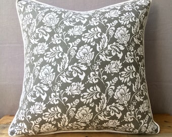 Housse de coussin floral damassé, impression à la main, coussin décoratif, ethnique indienne, décor gris, cadeau, décoration d'intérieur, housse de coussin 18 x 18, tailles disponibles