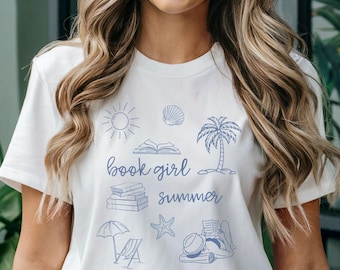Book Girl Summer Shirt, Bookish Summer Doodle Shirt, Beachcomber Tshirt, Beach Book Lover Gift, Beach Vibes Shirt, Summer Reading Tee