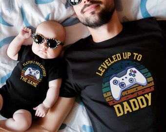 Camiseta "Subió de nivel a papá", camiseta "El jugador 2 ha entrado al juego", camiseta a juego para papá y bebé, camiseta para papá primerizo, camiseta para el Día del Padre, camiseta para papá gamer