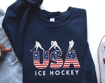 Ice Hockey Sweatshirt, USA Ice Hockey Sweater, Winter Sports Shirt, Goalie Sweatshirt, USA Crewneck, Ice Hockey Lover Gift