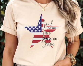 Maglietta "Terra dei liberi", Maglietta "Casa dei coraggiosi", Maglietta patriottica per il 4 luglio, Maglietta con stella e bandiera americana, Maglietta per il Giorno dell'Indipendenza, Maglietta USA