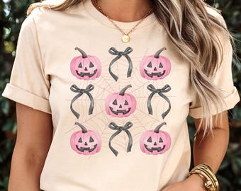 Pink Pumpkin Coquette Halloween Shirt, Pink Jack O Lanterns Black Bow Shirt, Spider Web Coquette Tshirt, Cute Spooky Pumpkin Shirt for Girls