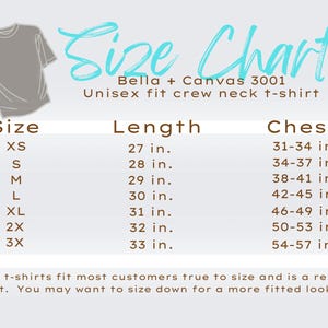 May include: A size chart for Bella + Canvas 3001 unisex fit crew neck t-shirts. The chart lists sizes XS to 3X, with corresponding lengths in inches from 27 to 33 inches, and chest measurements from 31 to 57 inches.