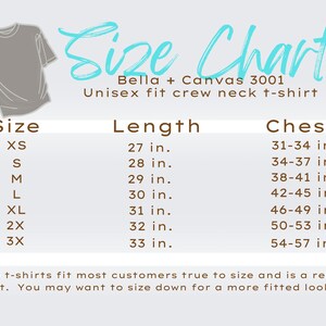 May include: Size chart for Bella + Canvas 3001 unisex crew neck t-shirt. The chart shows sizes XS through 3X with corresponding length and chest measurements in inches.