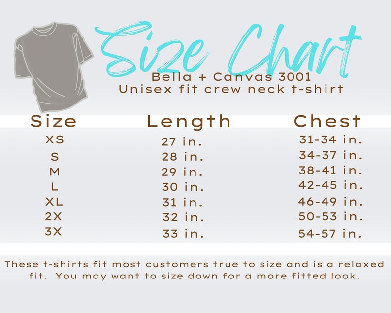 May include: Size chart for Bella + Canvas 3001 unisex crew neck t-shirt. The chart shows sizes XS through 3X with corresponding length and chest measurements in inches.