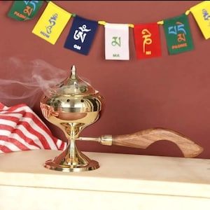Brass loban burner with wood handle charcoal incense burner (4&quot;Dia 8.5&quot;with handle)