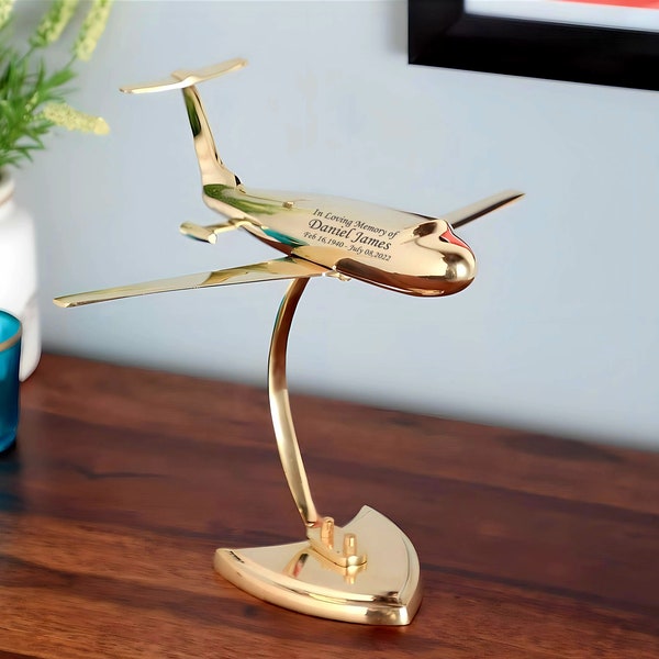 Brass Antique Airplane Cremation ash urn Jet on Stand Memorial Keepsake, Custom Pilot Memorial Keepsake with Gold Finish (25×25×25cmL×W×H)