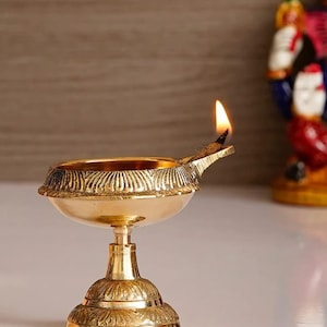 Engraved Brass Diya Oil Lamp: Handmade Pooja Decor