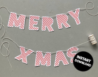 Striped printable Christmas banner - christmas garland - christmas decoration - black and white - red and white