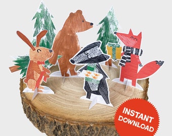 Woodland christmas printable paper figures, woodland animals, paper toys, paper figures, cake topper