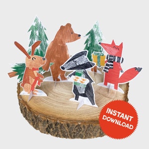 Woodland christmas printable paper figures, woodland animals, paper toys, paper figures, cake topper