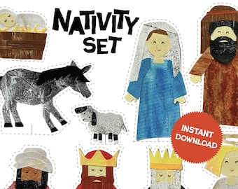 Printable pdf paper Nativity set, collage, printable nativity for kids, paper toy, DIY christmas decoration, pdf printable nativity scene