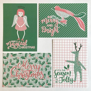 Retro kerstkaarten gedrukt op mooi kwaliteitspapier - groen en roze