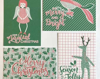 Retro kerstkaarten gedrukt op mooi kwaliteitspapier - groen en roze