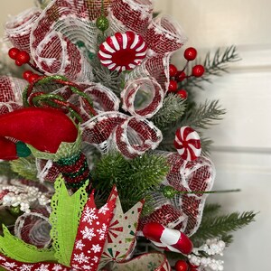 Peppermint Christmas Wreath Swag Centerpiece Elf Shoes Red White Green ...