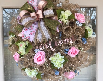 Spring Summer Rose and Hydrangea Floral 24” Deco Mesh door wreath burlap pink green