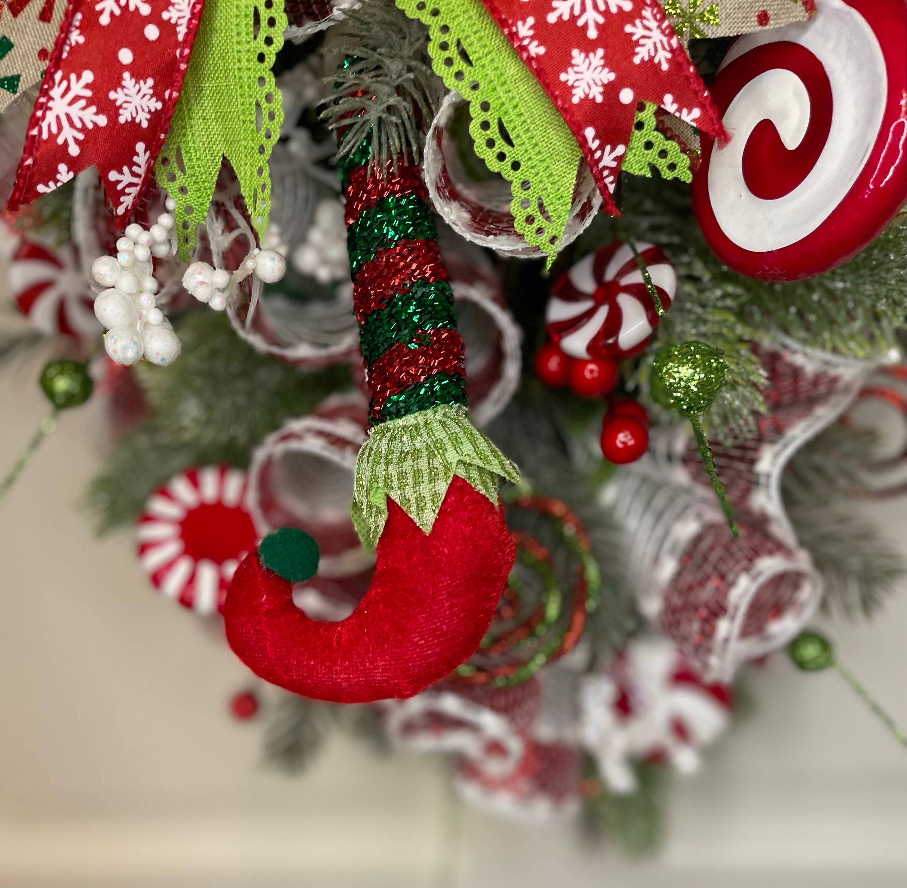 Peppermint Christmas Wreath Swag Centerpiece Elf Shoes Red White Green ...