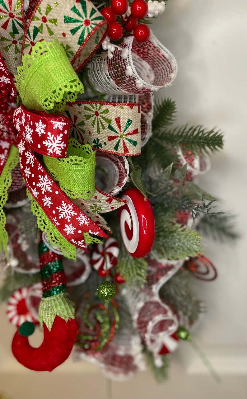 Peppermint Christmas Wreath Swag Centerpiece Elf Shoes Red White Green ...