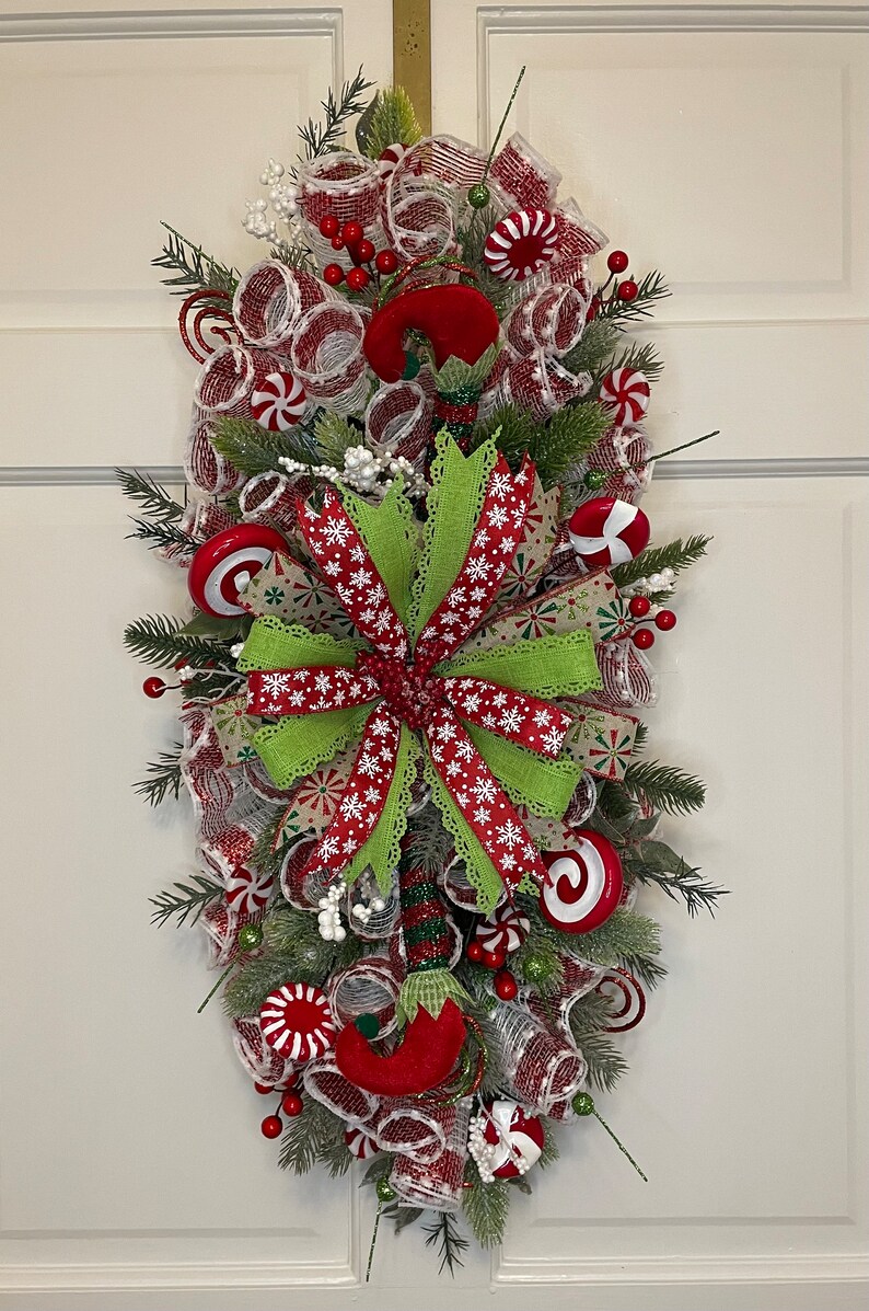 Peppermint Christmas Wreath Swag Centerpiece Elf Shoes Red White Green ...