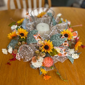 Fall Deco Mesh Centerpiece Candle Ring Sunflowers Pumpkins Yellow Orange Green ooak