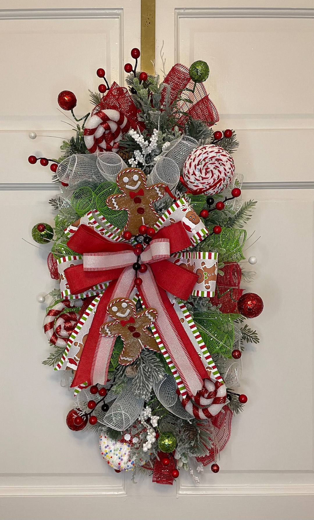 Gingerbread Christmas Wreath Swag Flocked Red White Green - Etsy